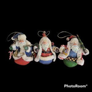 Vintage Fabric Mache Holiday Winter Christmas Ornaments Three Old World Santas